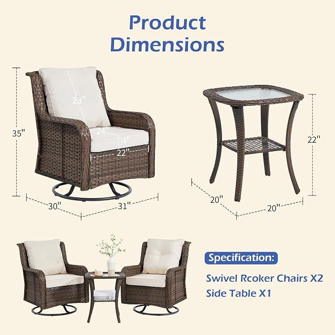 Wumiokio Patio Furniture Sets, 3 Pieces Wicker Outdoor Furniture - Image 3