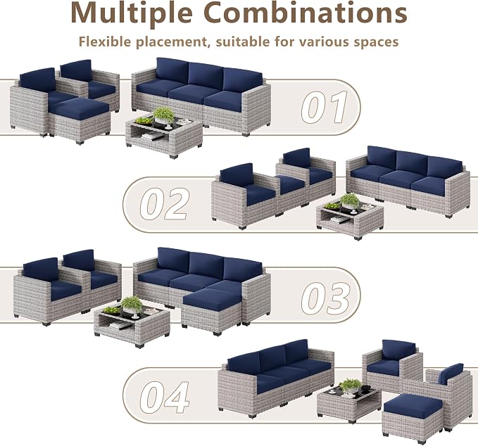 LOUVIXA 7 Piece Outdoor Patio Furniture Set, Rattan Chairs Glass Table Wicker - Image 4