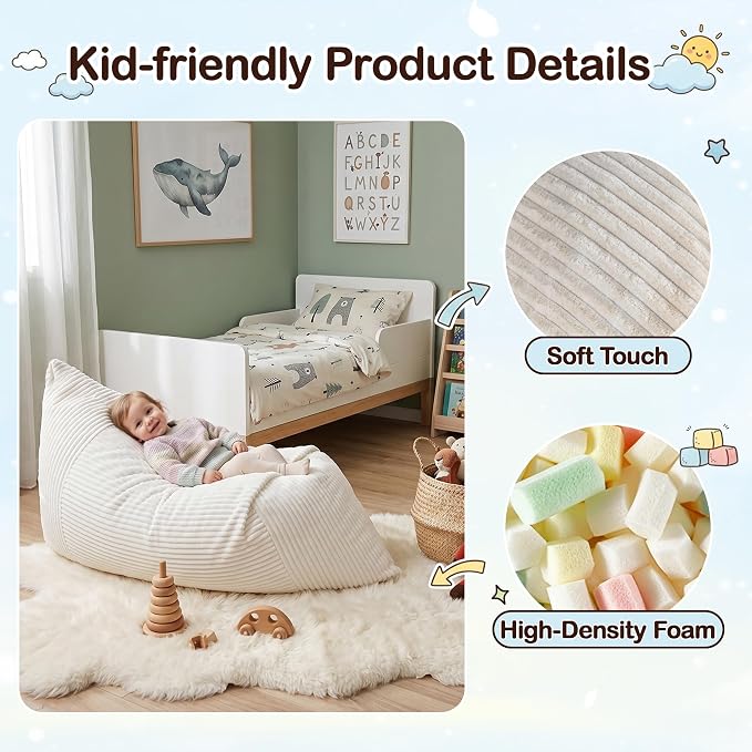 BRINJOY 3 in 1 Kids Bean Bag Chair Bed, Memory Foam Filled Floor Bed Bean Bag - Image 4