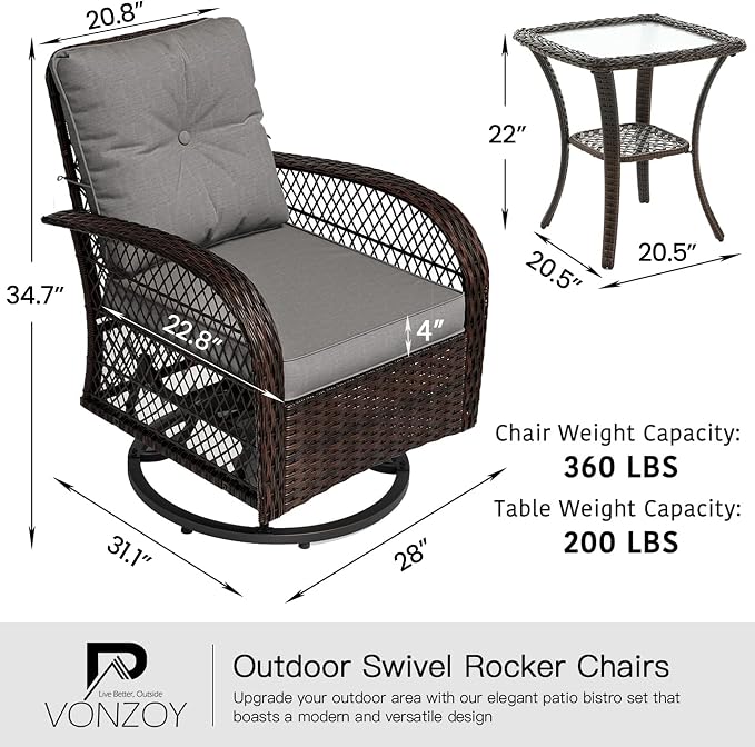 3 Pieces Patio Furniture Set, Outdoor Swivel Glider Rocker, Wicker Patio Bistro - Image 7