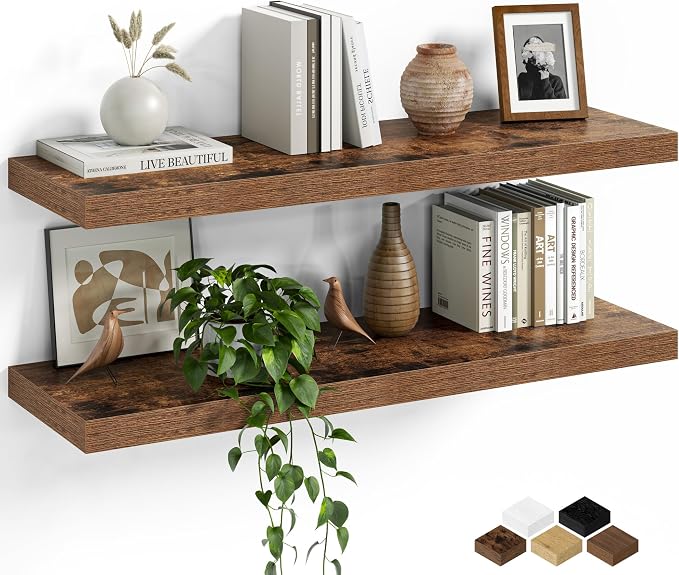 Fun Memories Floating Shelves for Wall, 30 Inch Set of 2 Rustic Wood Wall by FunMemories