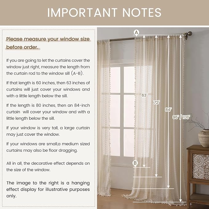 WAZZIO Boho Lace Curtains 96 Inches 2 Panel, Light Filtering Privacy Tassel & - Image 2