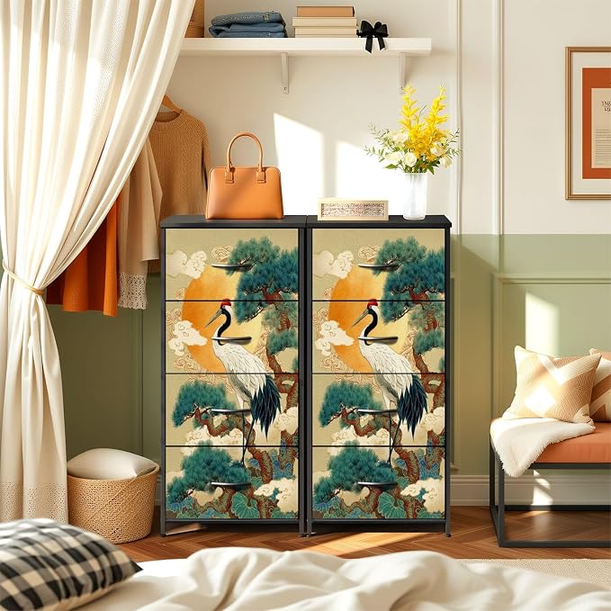 Dresser for Bedroom Japanese Crane Pine Tree Red Sun Clouds Traditional Art - Image 2