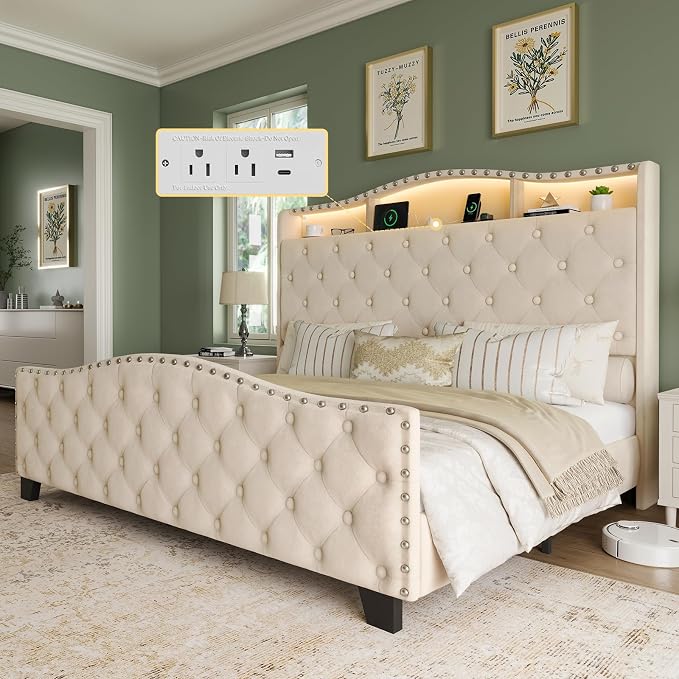 Belffin Queen Size Bed Frame and Headboard, 50.9" Velvet Upholstered Wingback by Belffin