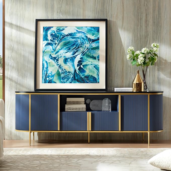OKD 70" Fluted TV Stand with Storage, Faux Marble Top Entertainment Center - Image 2