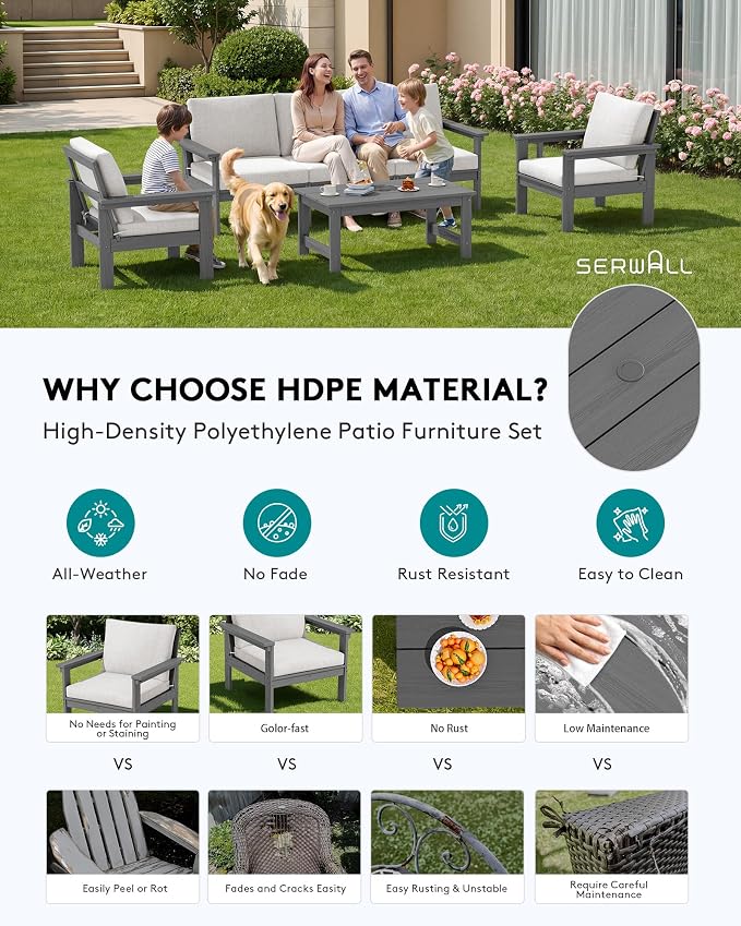 SERWALL HDPE Patio Conversation Set, 6-piece Sectional Outdoor Furniture Set - Image 3