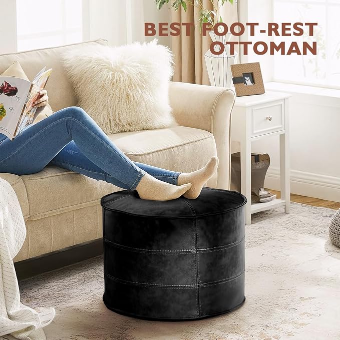 Leather Ottoman, Handmade Stuffed Square Ottoman, Genuine Leather Pouf - Image 5