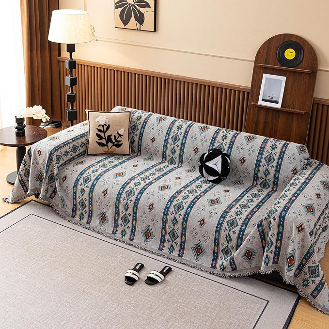 VClife Bohemian Couch Cover, Vintage Moroccan Tribal Geometric Chenille Couch - Image 4