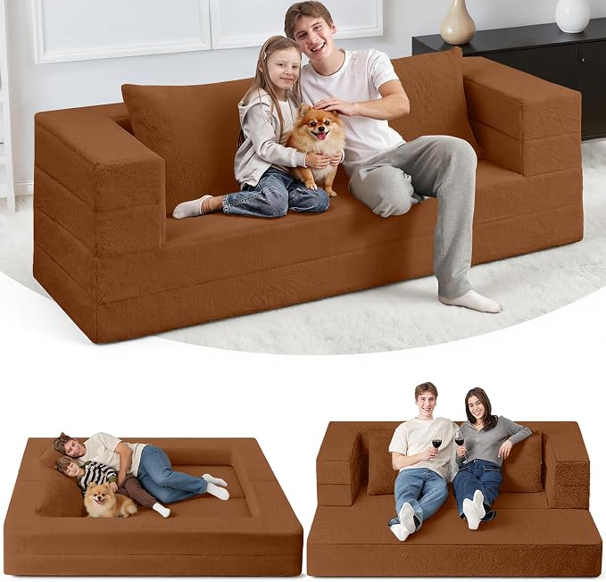 Folding Bean Bag Chair for Adults, 3-in-1 Bean Bag Couch Faux Fur Floor Sofa by Cansunna