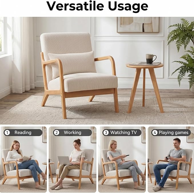 Mid Century Modern Accent Chairs Set of 2, Upholstered Corduroy Armchairs - Image 5