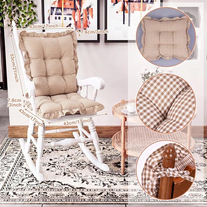 Lewtemi 2 Set Brown Gingham Rocking Chair Cushion Village Ruffled Rocking Chair - Image 2