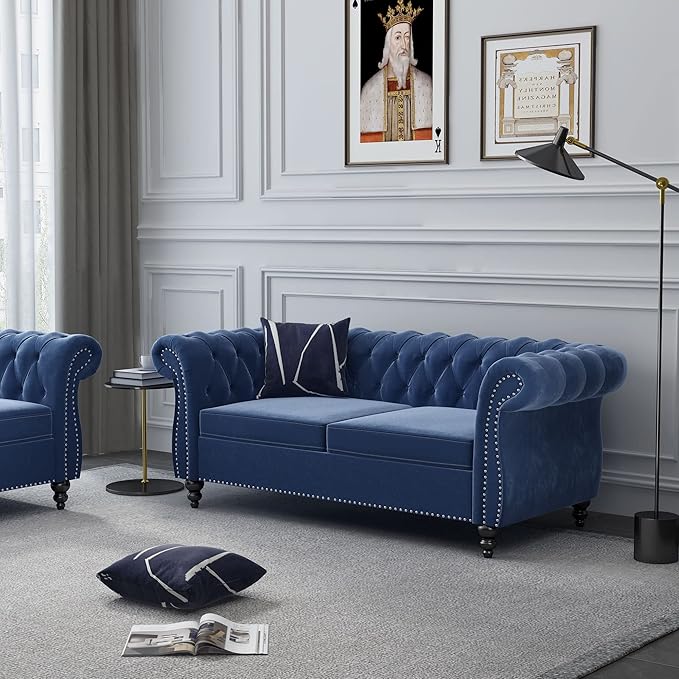 ORRD 2 Pieces Living Room Set, Velvet Couch Chesterfield Sofa Loveseat - Image 6