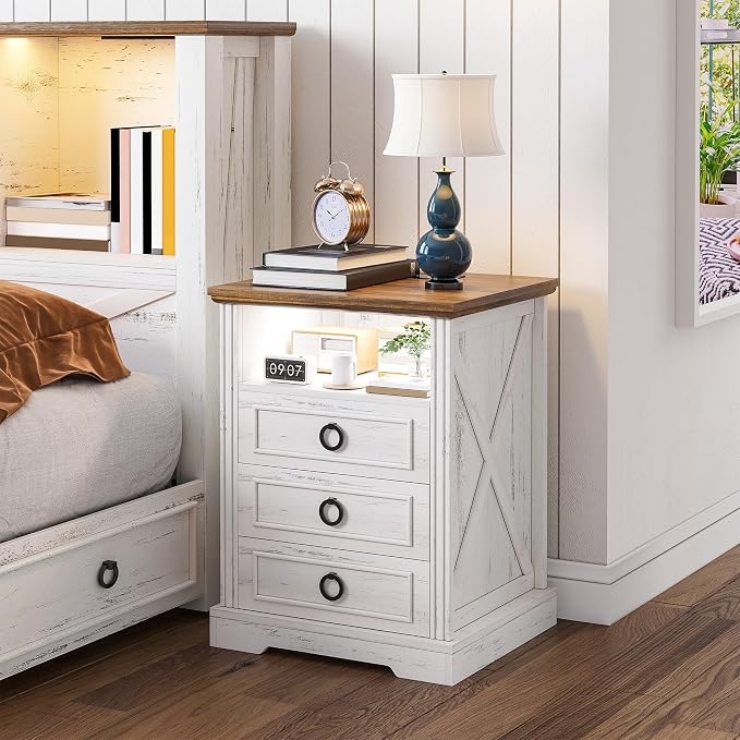 Nightstand with Charging Station, Farmhouse End Side Table with 3 Drawers and - Image 7
