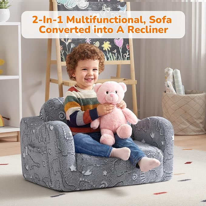 MeMoreCool Glow-in-the-Dark Dinosaur Kids Couch, 2-in-1 Foldable Kids Couch and - Image 5