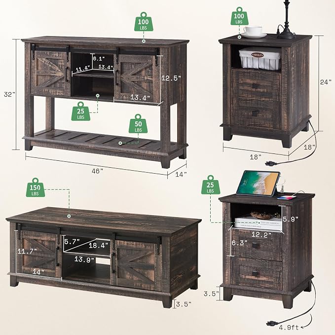 AMERLIFE Farmhouse 4-Piece Living Room Set, Entryway Console - Image 2