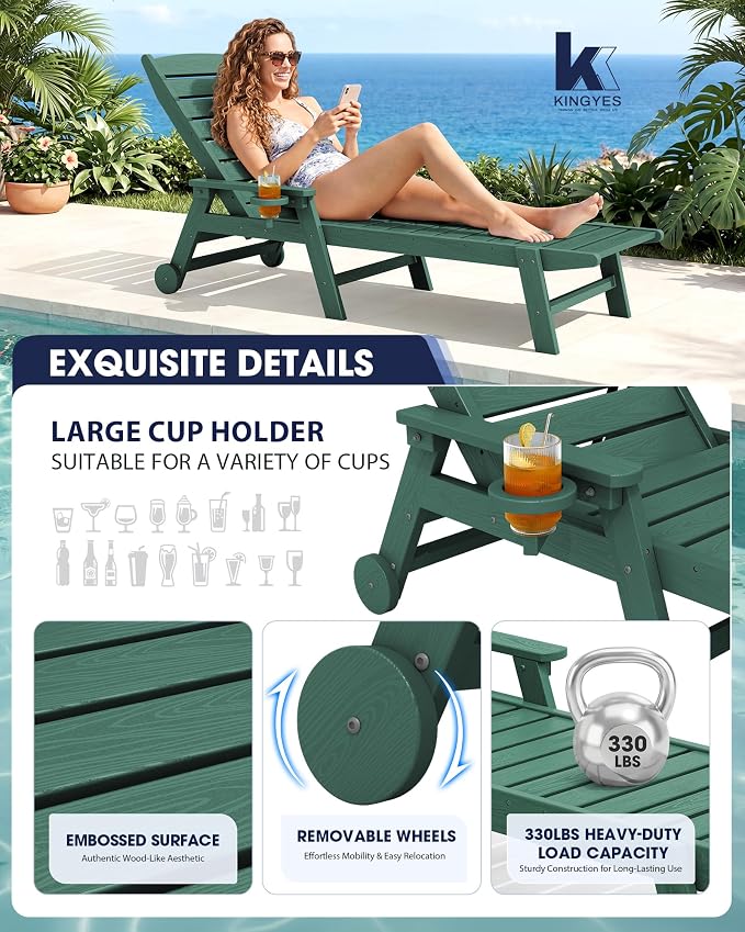 KINGYES HDPE Lounge Chair Outdoor Set of 4, Patio Chaise Lounge Recliner - Image 4
