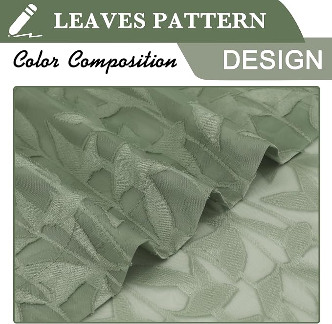 Lecloud Leia Sage Green Sheer Kitchen Curtains 18 Inch Length 2 Pcs, Jacquard - Image 4