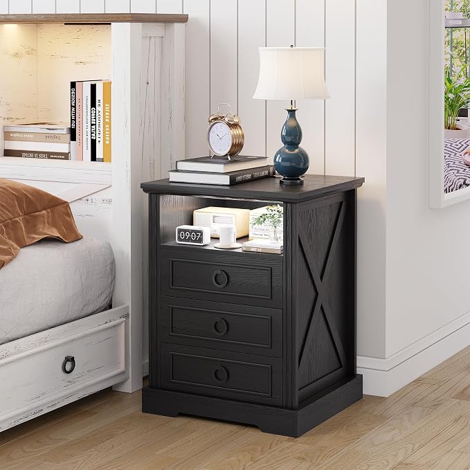 Nightstand Set 2 with Charging Station, Farmhouse End Side Table with 3 Drawers - Image 7