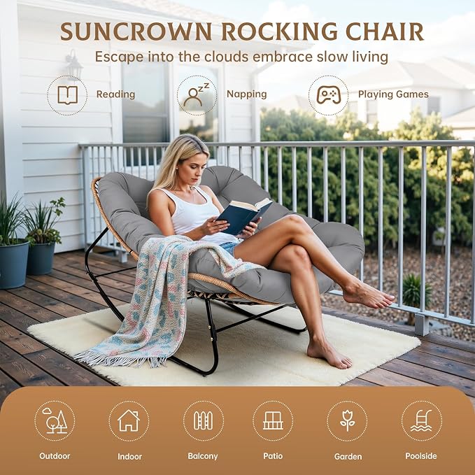 SUNCROWN Oversized Wicker Rocking Chair Indoor Outdoor, 450 LBS Heavy Duty - Image 5