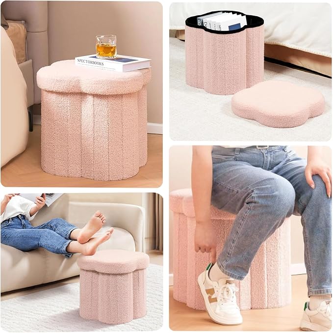 Boucle Storage Ottoman Cube, 13.8" Flower-Shaped Footstool - Image 7