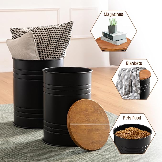 Glitzhome Rustic End Table Set of 2, Farmhouse Galvanized Metal Barrel Ottoman - Image 5