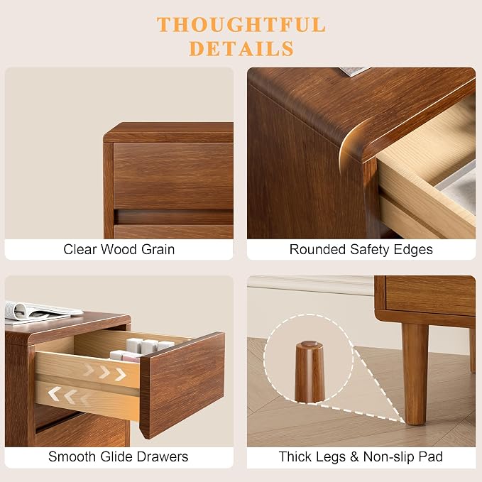 Nightstand with 3 Drawers Narrow Night Stand Solid Wood Bedside Table Mid - Image 8