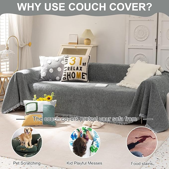VClife Bohemian Chic Texture Sofa Cover Vintage Farmhouse Gray Couch Cover - Image 3