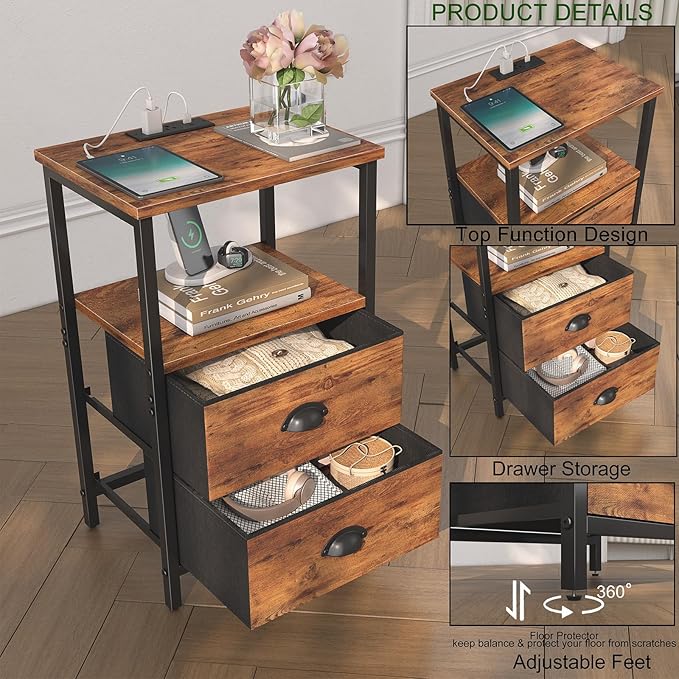 Sthmec Rustic Brown Industrial Nightstand Set of 2, Bedside Table - Image 6