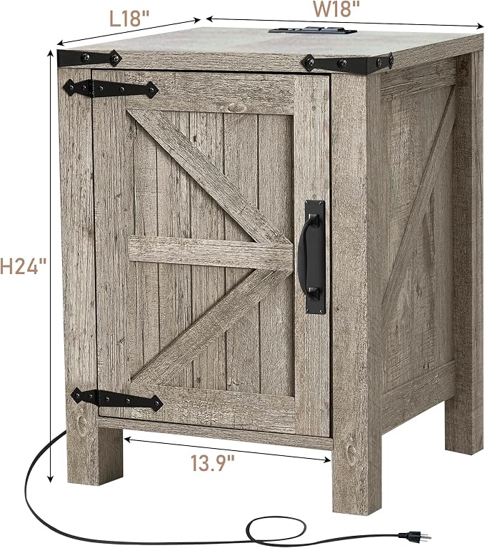 OKD Nightstand with Charging Station, 18 Inch Farmhouse End Table with Barn - Image 7