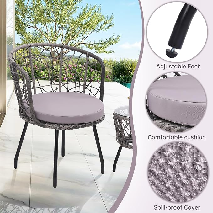 Kromax 3 Piece Bistro Set, Modern Outdoor Wicker Patio Furniture - Image 5