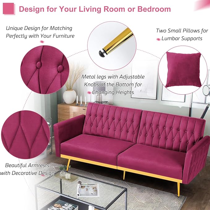 70” Velvet Futon Sofa Bed with 2 Pillows and Adjustable Armrests, Convertible - Image 4