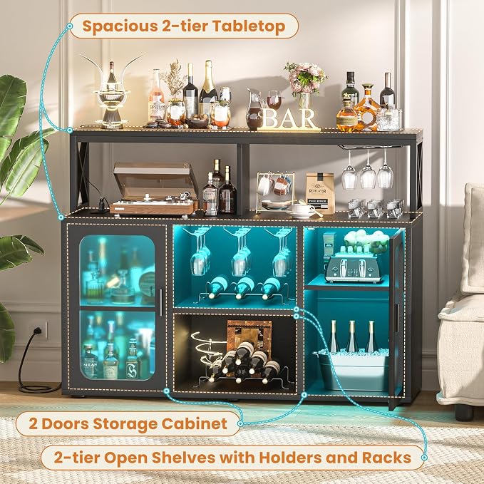 Aheaplus Bar Cabinet with Power Outlets, Liquor Cabinet with Led Lights and - Image 6