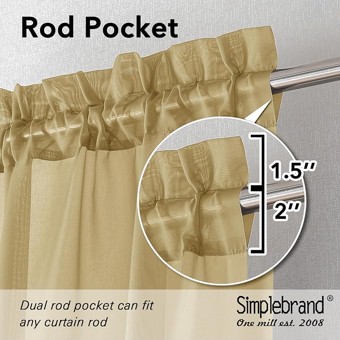 Simplebrand Gold Sheer Curtains 72 Inches Long 2 Panels - Image 2