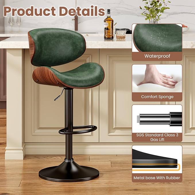 YaFiti Bar Stools Set of 3, Bentwood Adjustable Height Swivel Bar Stools - Image 5