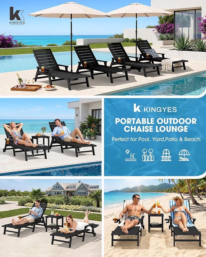 KINGYES HDPE Lounge Chair Outdoor, Patio Chaise Lounge Recliner - Image 8
