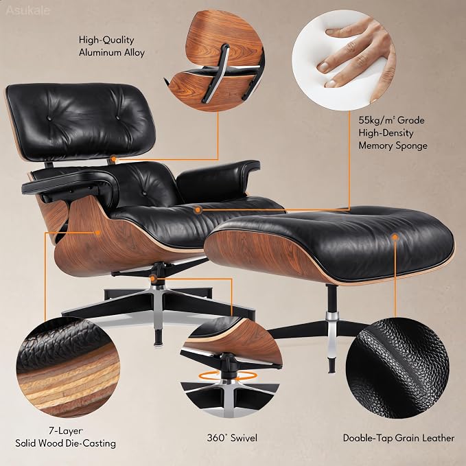 Black PU Leather, Mid Century Chaise Lounge Chair and Ottoman, Leather Accent - Image 5