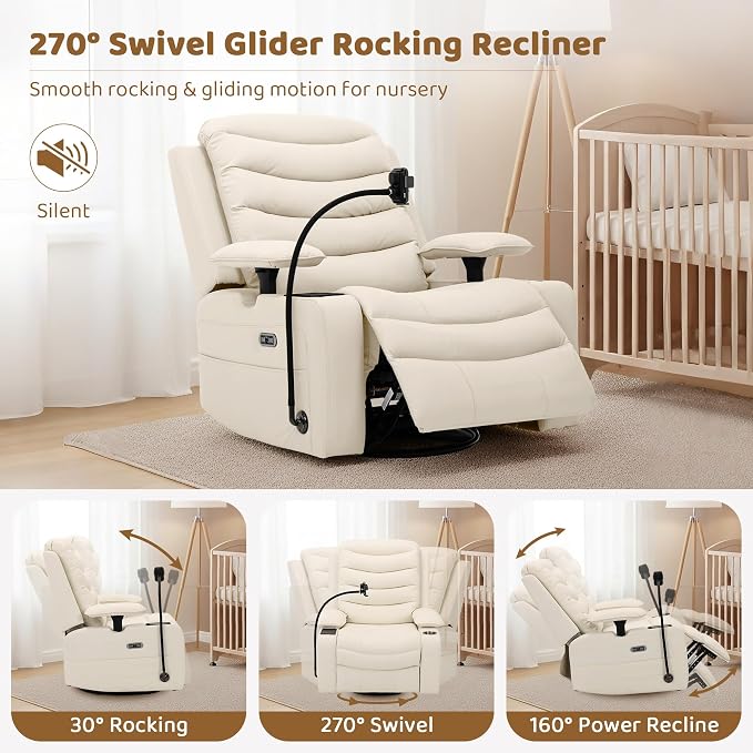Olela Power Glider Recliner Nursery Chair, Oversized Leather Swivel Rocking - Image 5