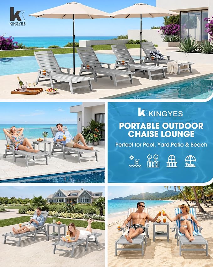 KINGYES HDPE Lounge Chair Outdoor, Patio Chaise Lounge Recliner - Image 8