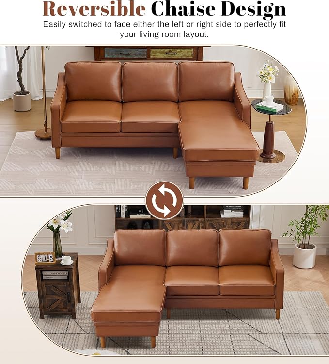 Kingfun 88" L-Shape Sofa, Faux Leather Sectional Couch, Mid Century Modern - Image 3