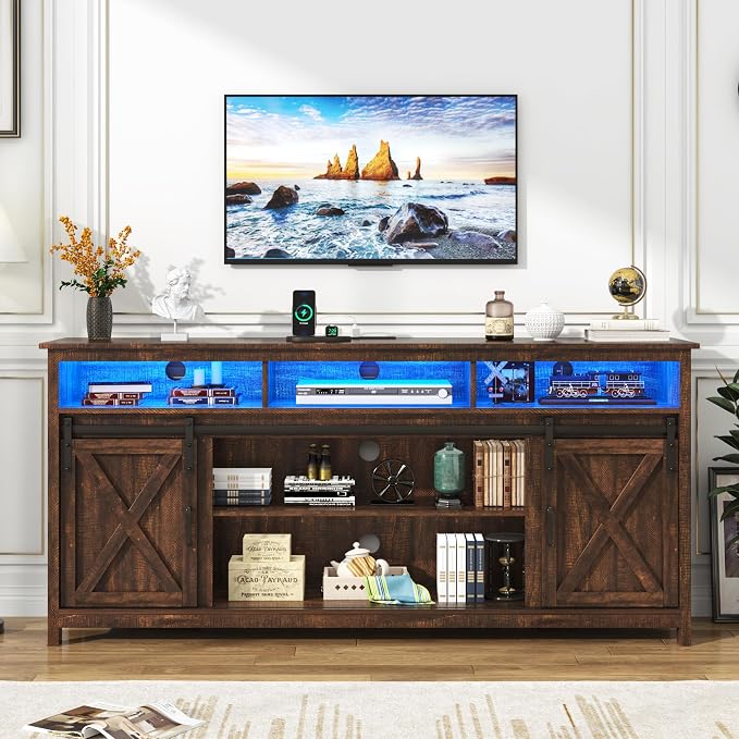 LED Farmhouse TV Stand for 80/75 inch TVs, Rustic Entertainment Center Cabinet by Bolonbi