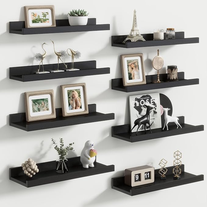 Floating Picture Ledge Shelves Set of 8, 16 Inch Solid Wood Wall Shelves by FLYJOE