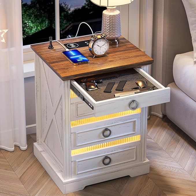 Farmhouse Night Stand with Gun Drawer, Bedside Table with Charger Station by ACTKISS