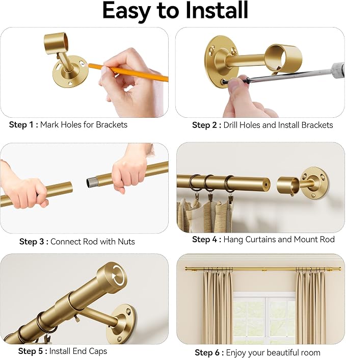 YaFex 2 Pack Heavy Duty Curtain Rods 32-60 Inch, 1 Inch Adjustable Gold Curtain - Image 8