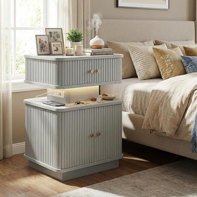 Nightstand with Charging Station, Modern Night Stand with Smart Led Light and 2 - Image 3