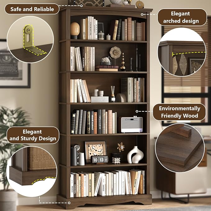 TVU 6-Tier Wooden Bookshelf, 76 Inch Tall Bookshelf - Image 6