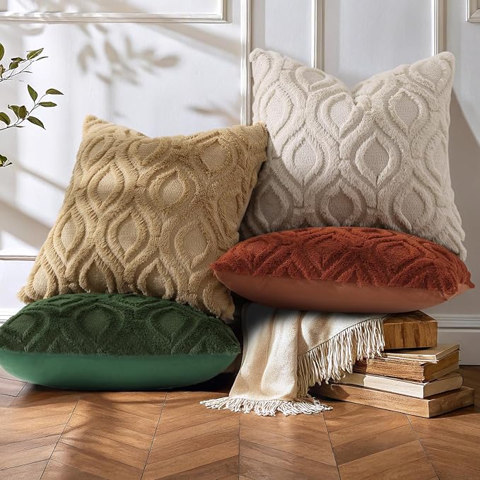 decorUhome Throw Pillow Covers 16x16 Inch Set of 2, Soft Plush Faux Wool Beige - Image 5