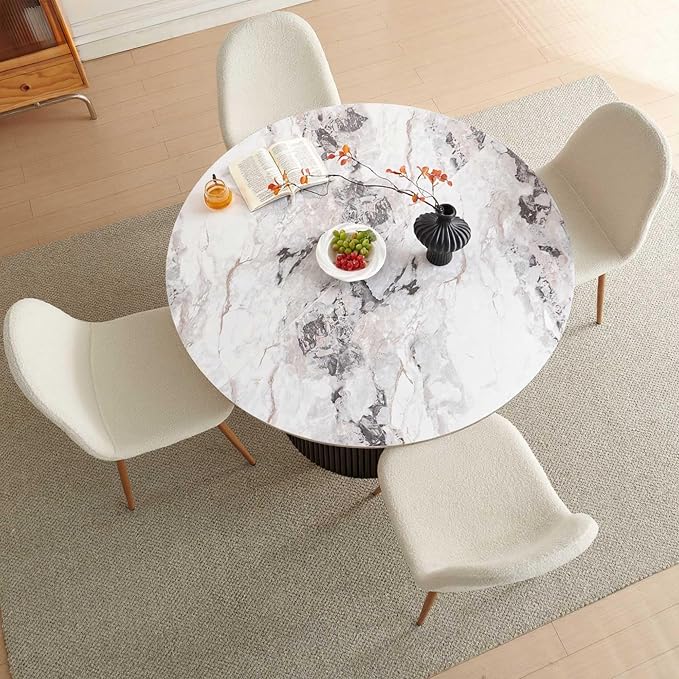 Dining Table Set for 4, Mid Century Modern 47 Inch White Marble-Look Wooden - Image 6