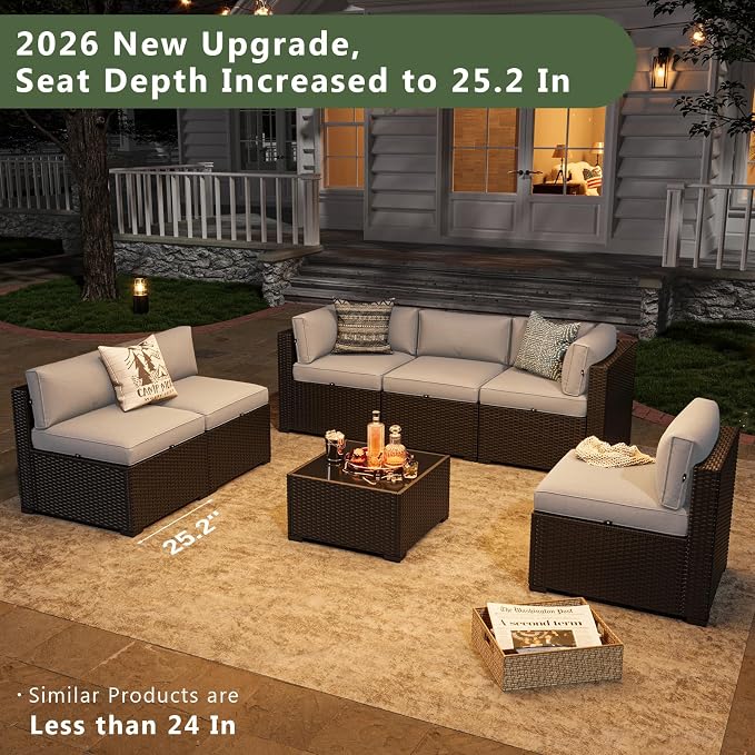 Aoxun 7 Piece Patio Furniture Set, Wicker Rattan Patio Sectional Sofa, Outdoor - Image 2
