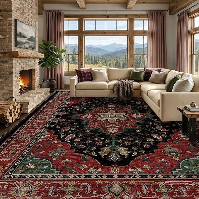 RELEANY Area Rugs 10'x12' Washable Non-Slip, Floral Vintage Distress Print by RELEANY