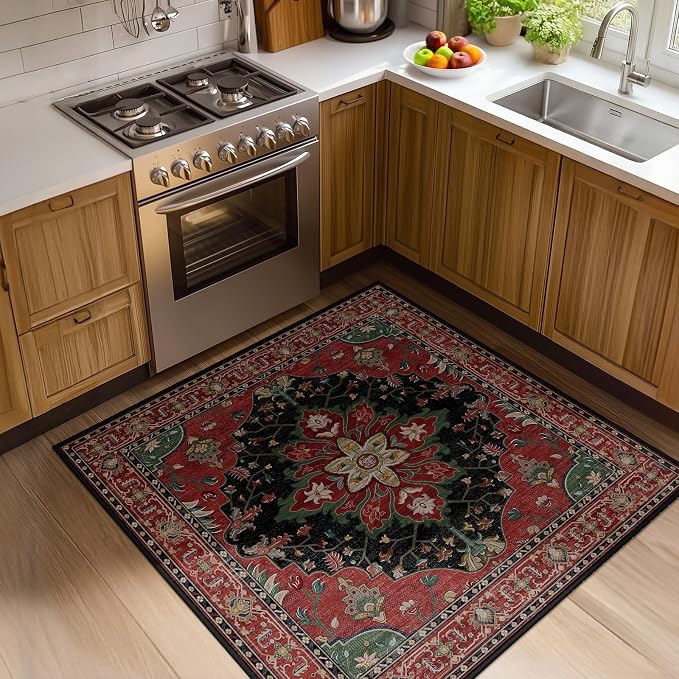 RELEANY Area Rugs Square 4ft Washable Non-Slip, Floral Vintage Distress Print by RELEANY